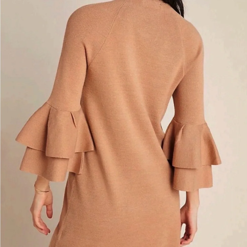 Anthropologie Claudette Ruffled Stylish Tan Bell Sleeve Top Dress